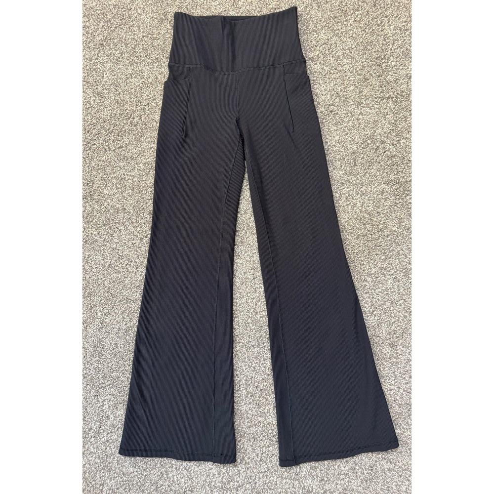 Athleta Salutation Stash Rib Flare Women XSP Black High Rise Yoga Pants